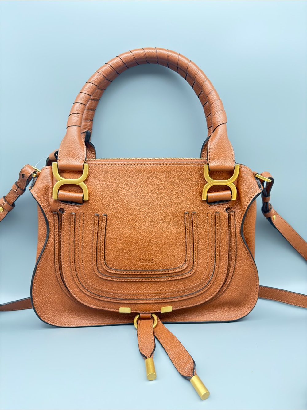 Chloé Marcie Chic Tan Leather Satchel Handbag - Gold Hardware